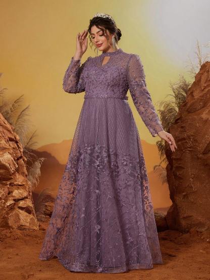 Leely Plus Women's Elegant Stand Collar Long Sleeve A-line Party Dress