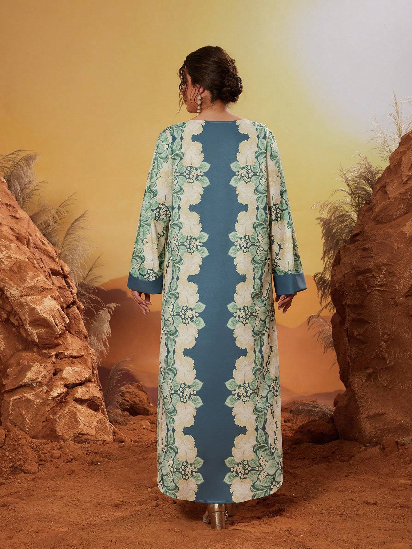 Leely Plus Middle East Arabic Muslim Abaya Women's Loose Long Sleeve Round Neck Floral Maxi Dress