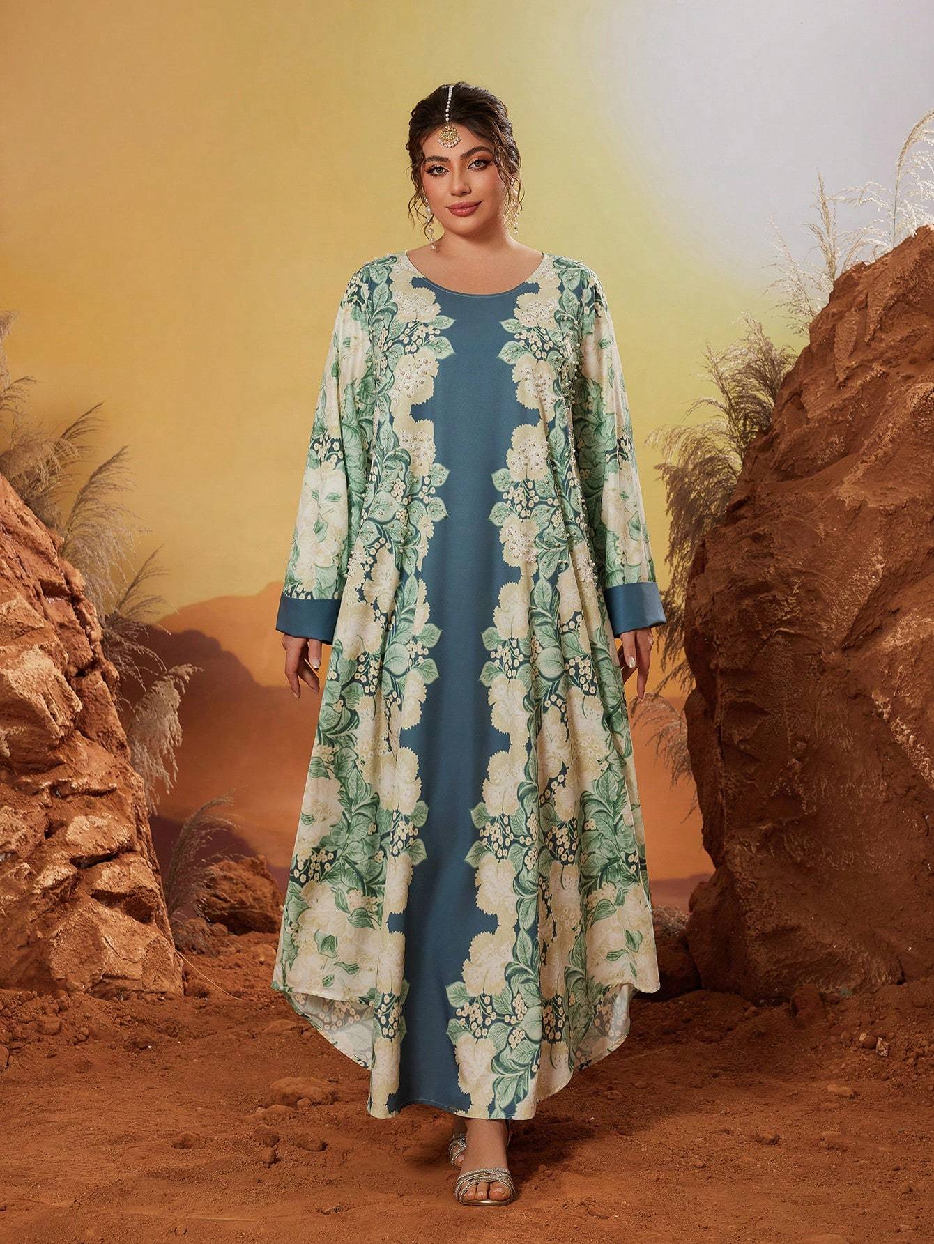 Leely Plus Middle East Arabic Muslim Abaya Women's Loose Long Sleeve Round Neck Floral Maxi Dress