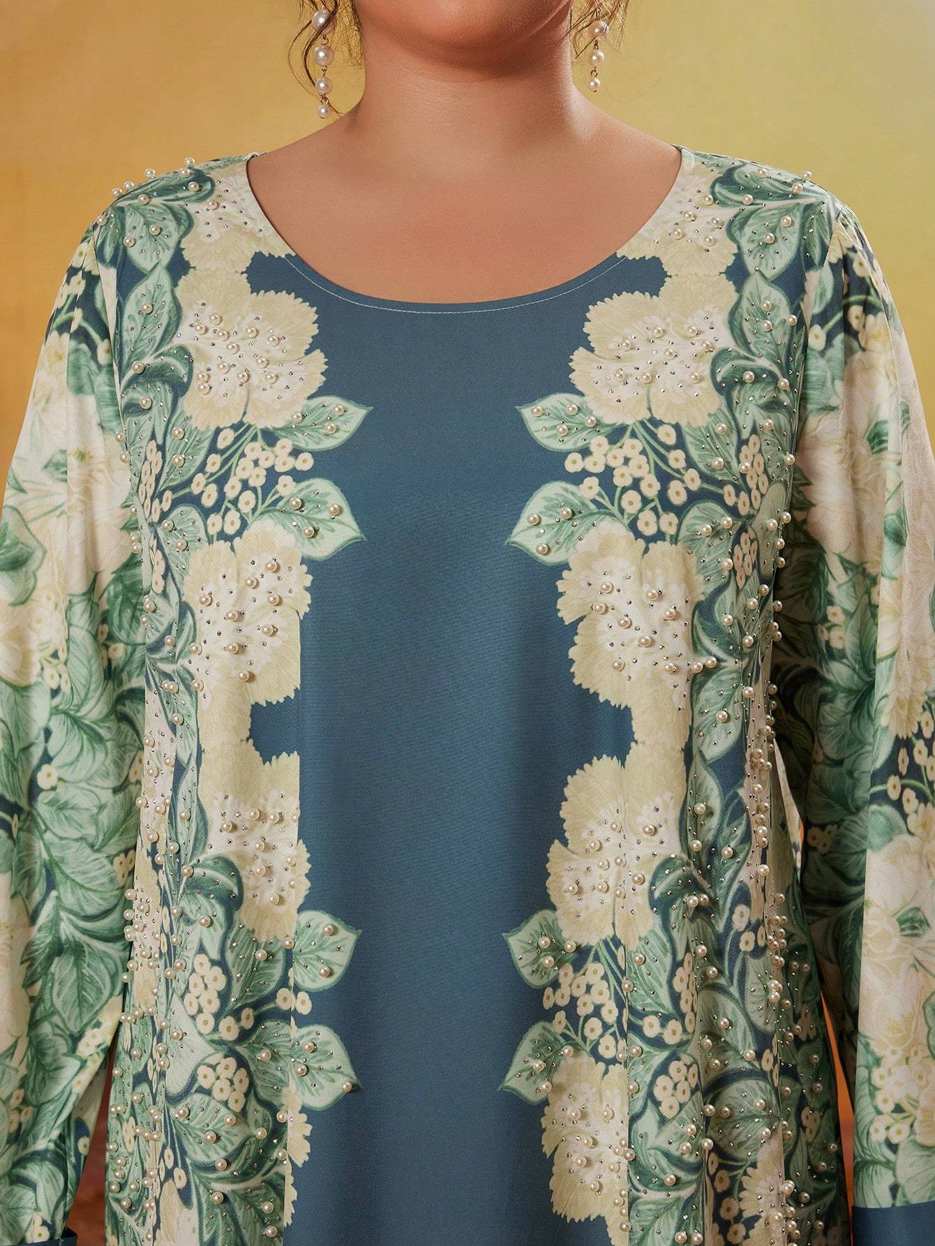 Leely Plus Middle East Arabic Muslim Abaya Women's Loose Long Sleeve Round Neck Floral Maxi Dress