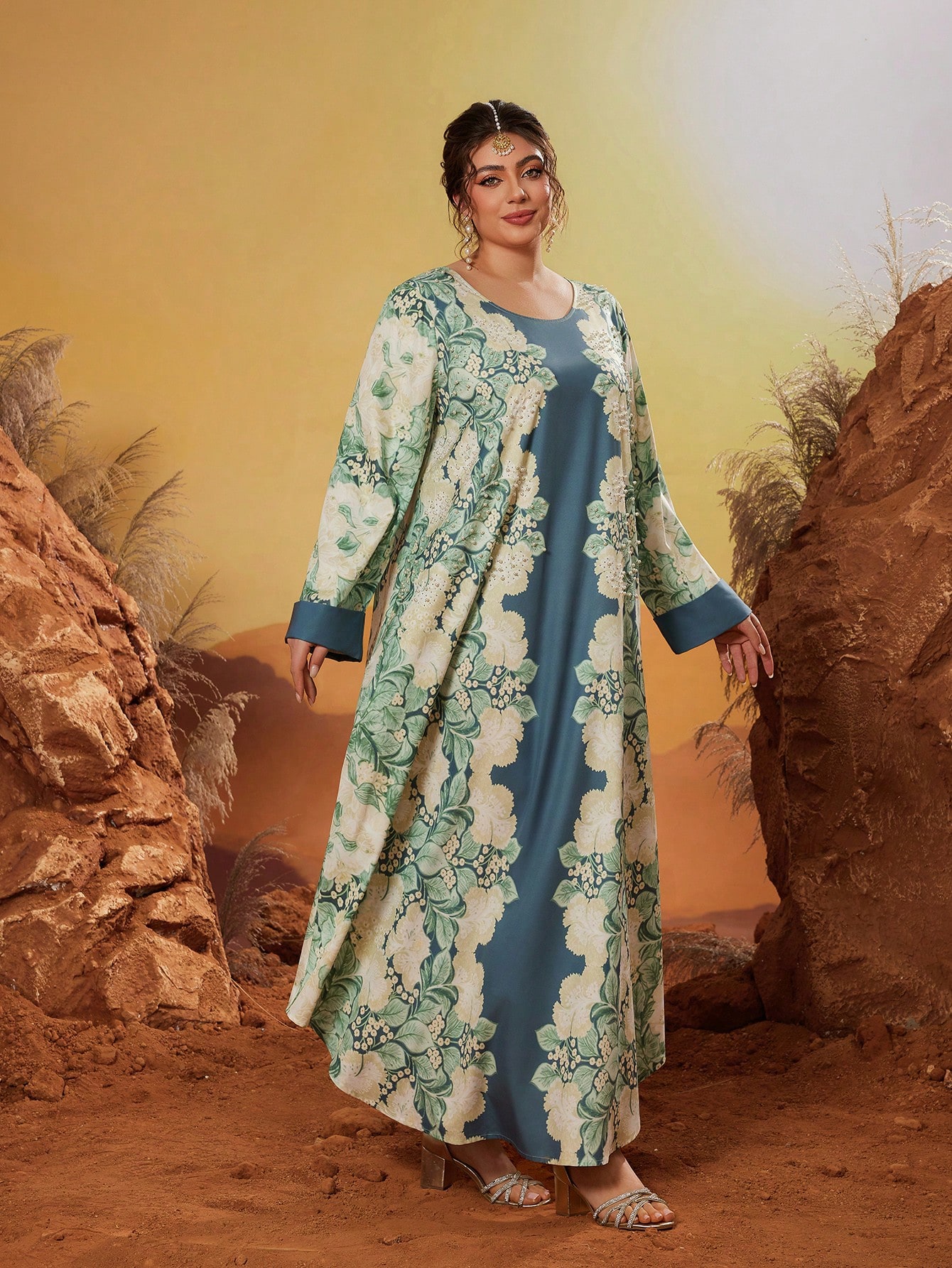 Leely Plus Middle East Arabic Muslim Abaya Women's Loose Long Sleeve Round Neck Floral Maxi Dress