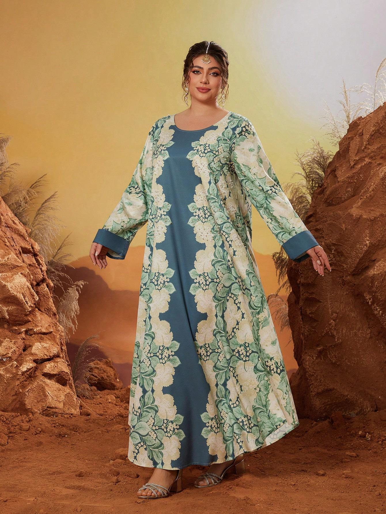 Leely Plus Middle East Arabic Muslim Abaya Women's Loose Long Sleeve Round Neck Floral Maxi Dress