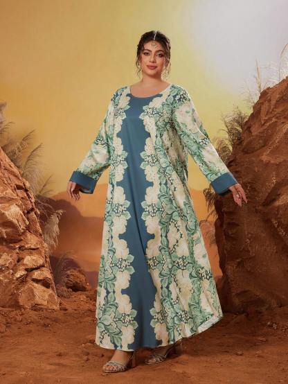 Leely Plus Middle East Arabic Muslim Abaya Women's Loose Long Sleeve Round Neck Floral Maxi Dress