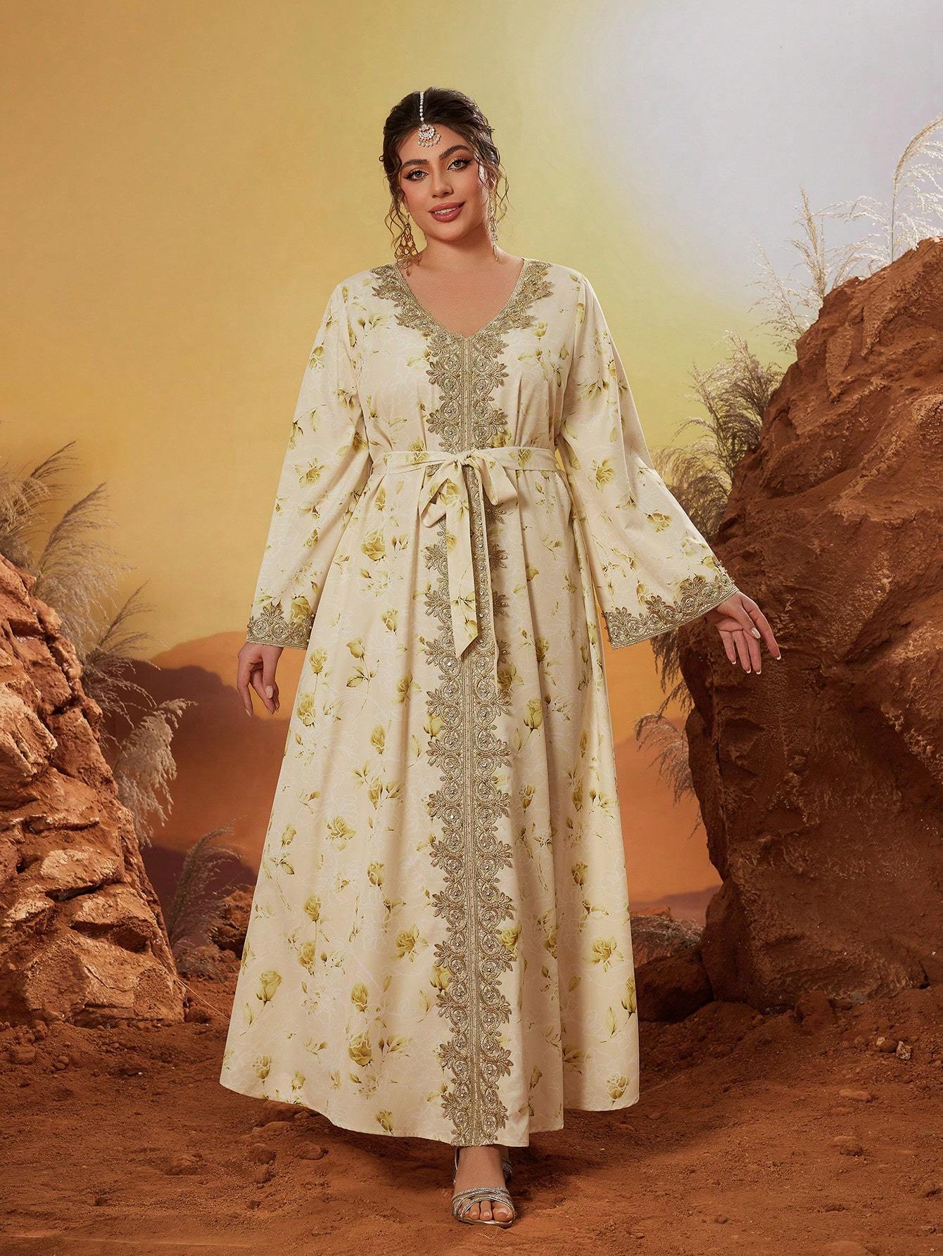 Leely Plus Middle East Arabic Muslim Abaya Women's Loose Long Sleeve V-Neck Floral Print Appliques Maxi Dress