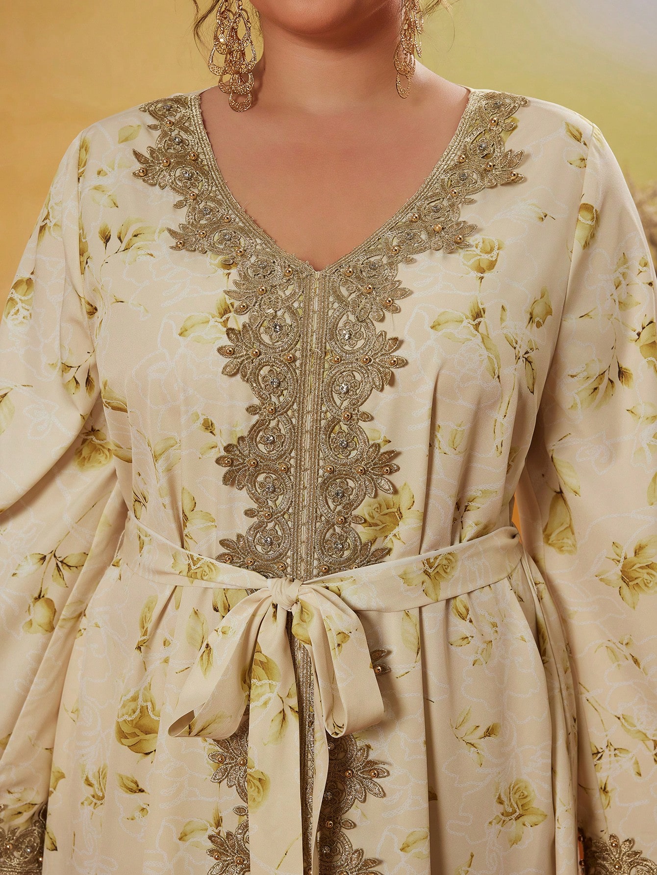 Leely Plus Middle East Arabic Muslim Abaya Women's Loose Long Sleeve V-Neck Floral Print Appliques Maxi Dress