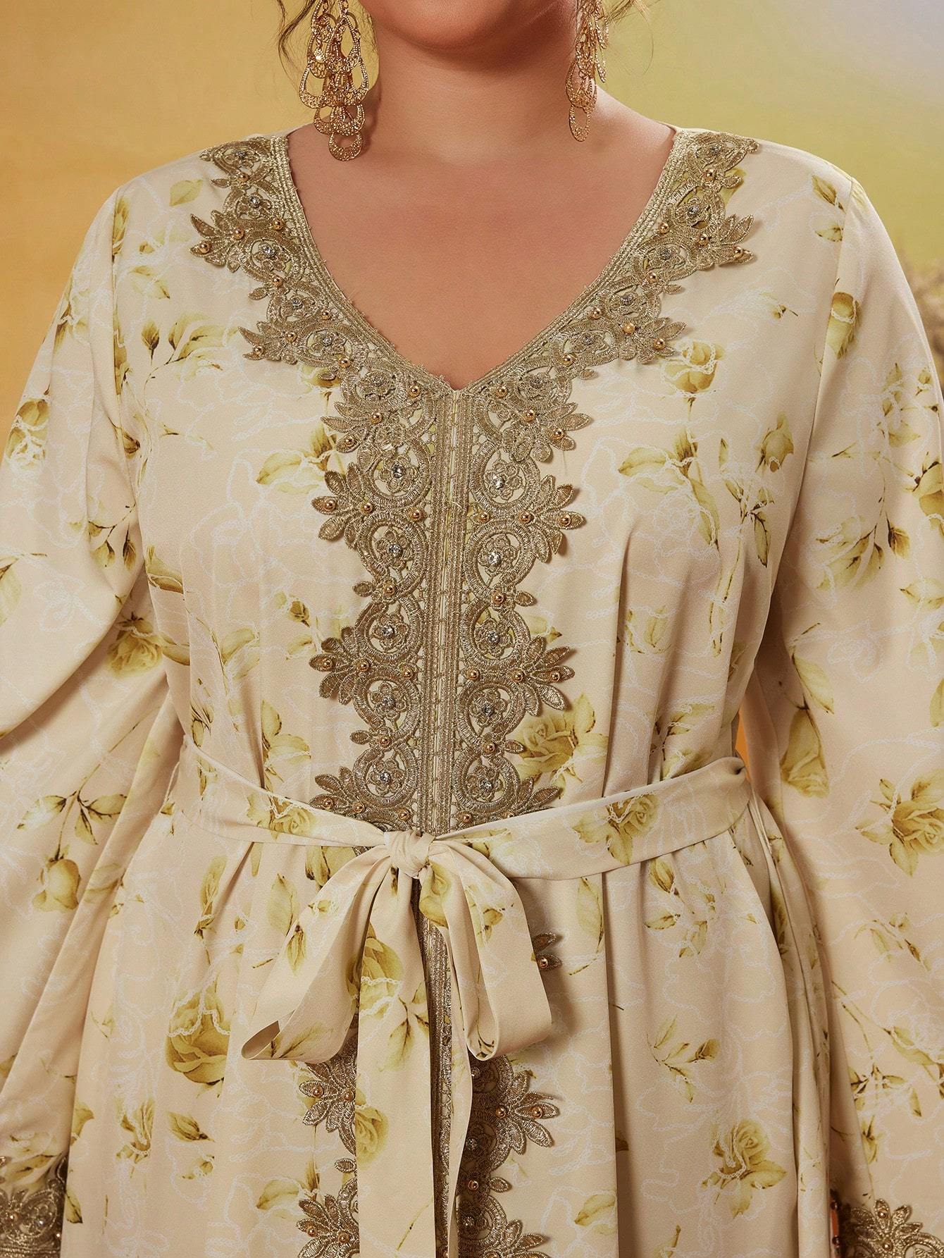 Leely Plus Middle East Arabic Muslim Abaya Women's Loose Long Sleeve V-Neck Floral Print Appliques Maxi Dress