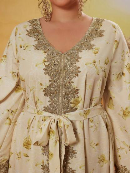 Leely Plus Middle East Arabic Muslim Abaya Women's Loose Long Sleeve V-Neck Floral Print Appliques Maxi Dress