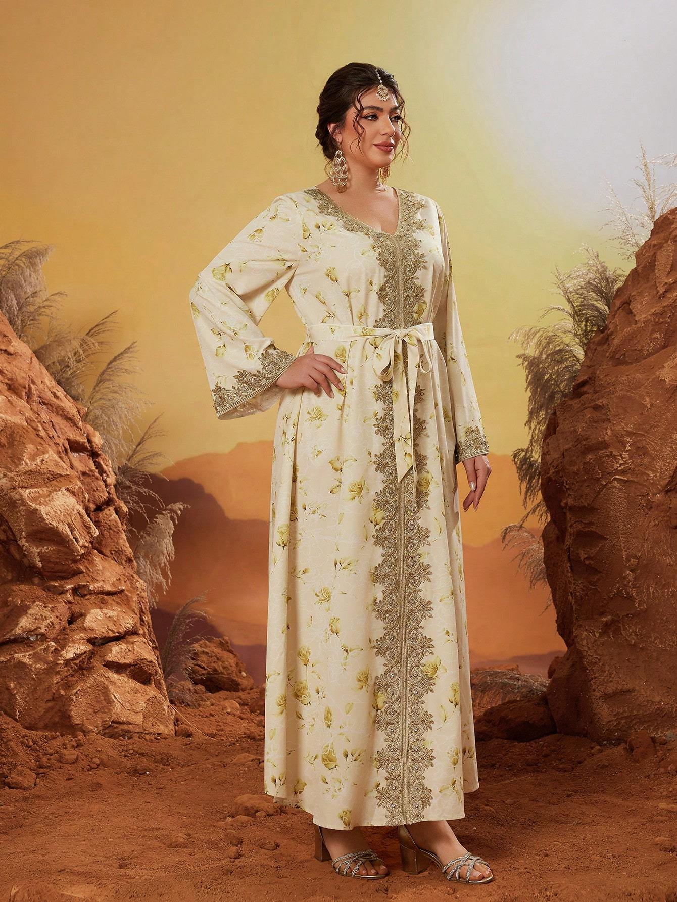 Leely Plus Middle East Arabic Muslim Abaya Women's Loose Long Sleeve V-Neck Floral Print Appliques Maxi Dress