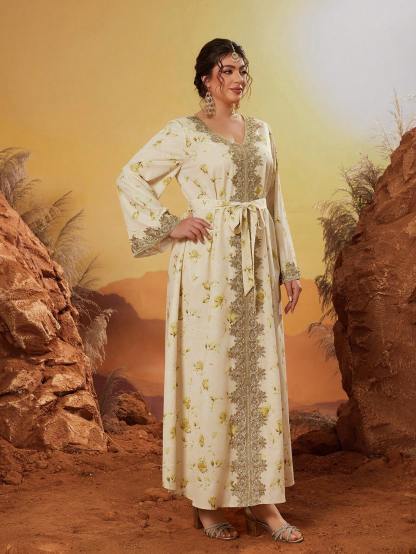 Leely Plus Middle East Arabic Muslim Abaya Women's Loose Long Sleeve V-Neck Floral Print Appliques Maxi Dress