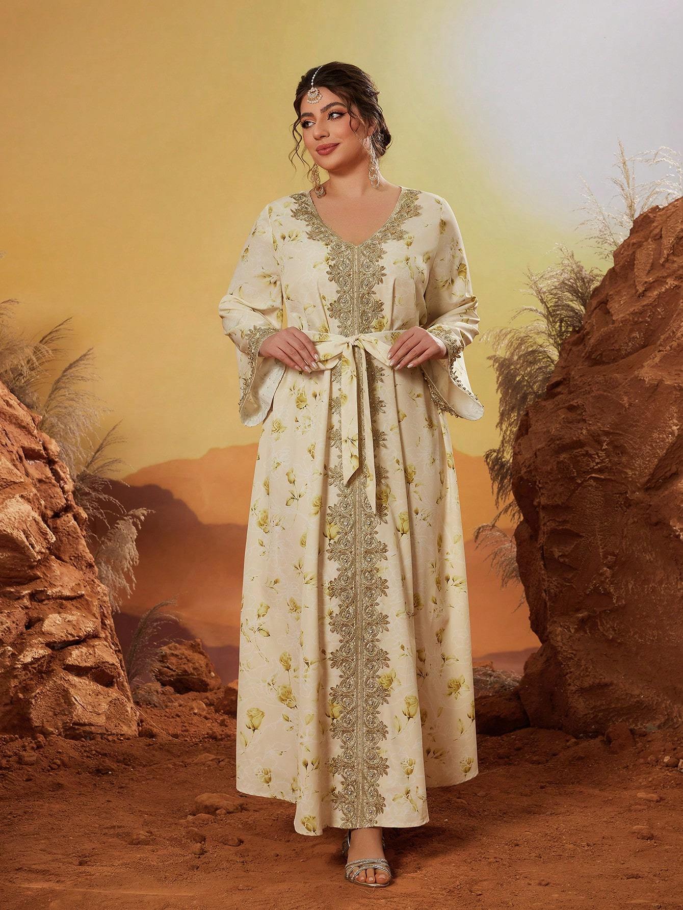 Leely Plus Middle East Arabic Muslim Abaya Women's Loose Long Sleeve V-Neck Floral Print Appliques Maxi Dress