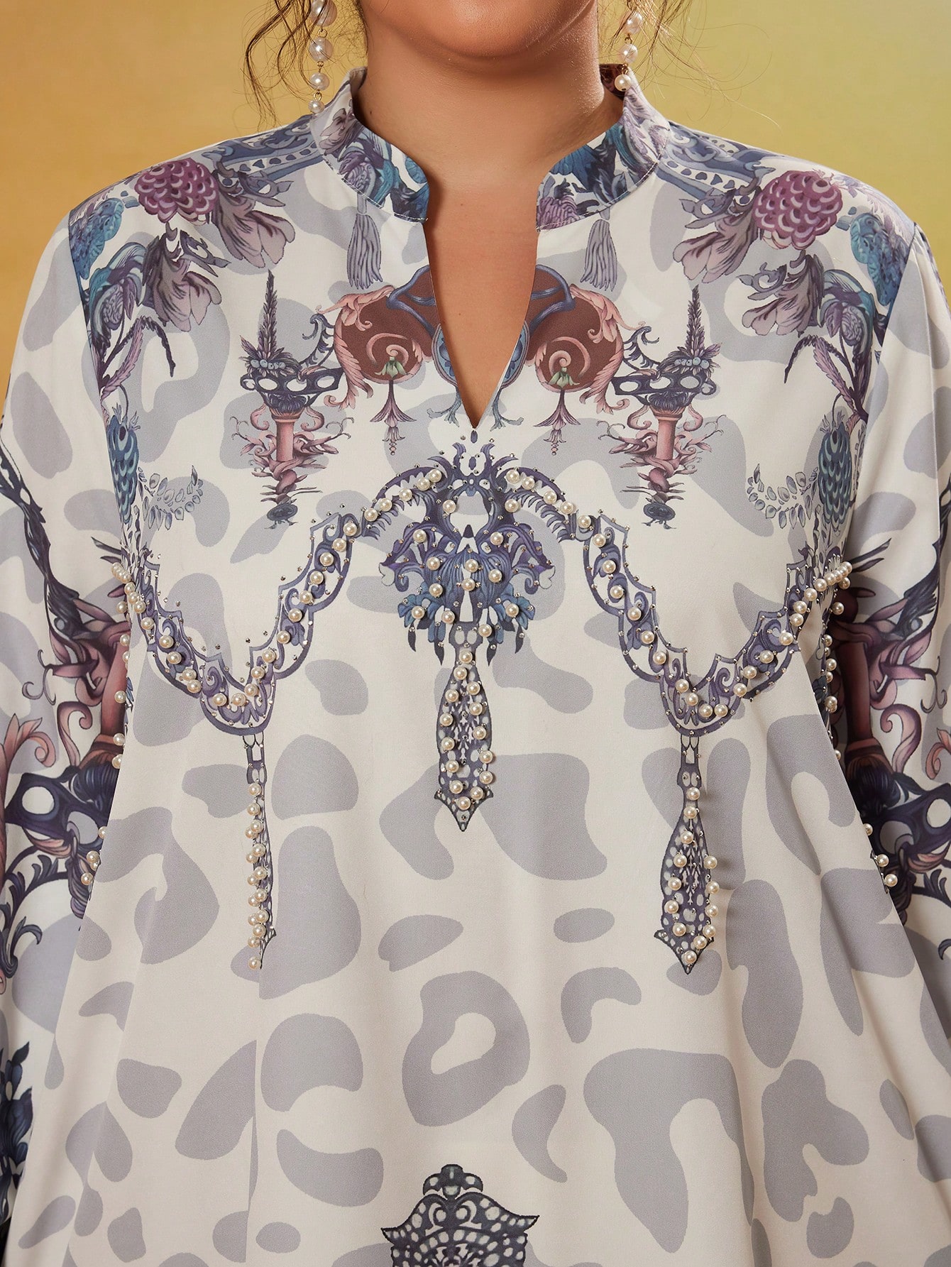 Leely Plus Size Women's Middle Eastern Muslim Abaya Notch V Neck Long Sleeve Printed Maxi Dress