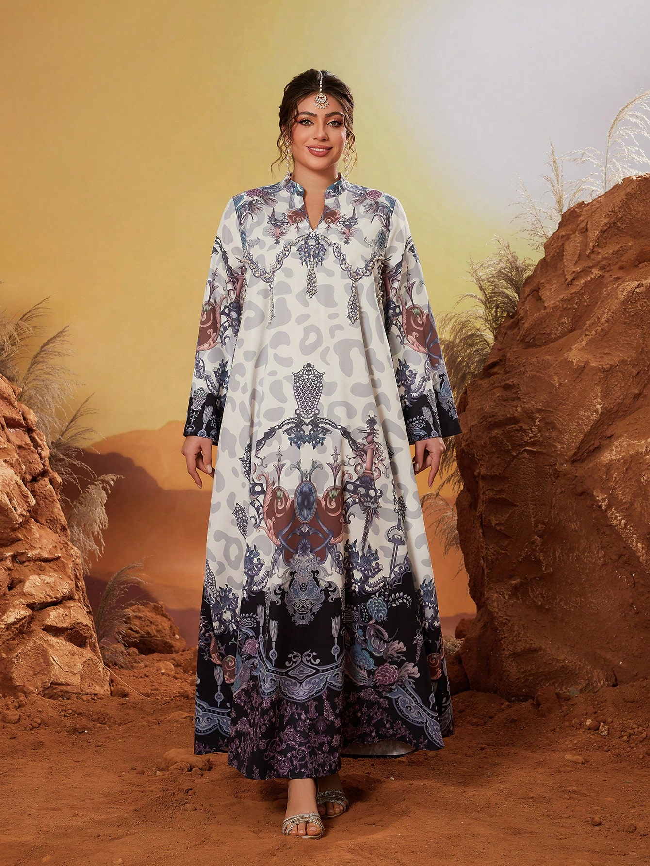 Leely Plus Size Women's Middle Eastern Muslim Abaya Notch V Neck Long Sleeve Printed Maxi Dress