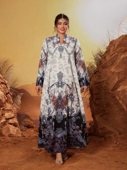 Leely Plus Size Women's Middle Eastern Muslim Abaya Notch V Neck Long Sleeve Printed Maxi Dress
