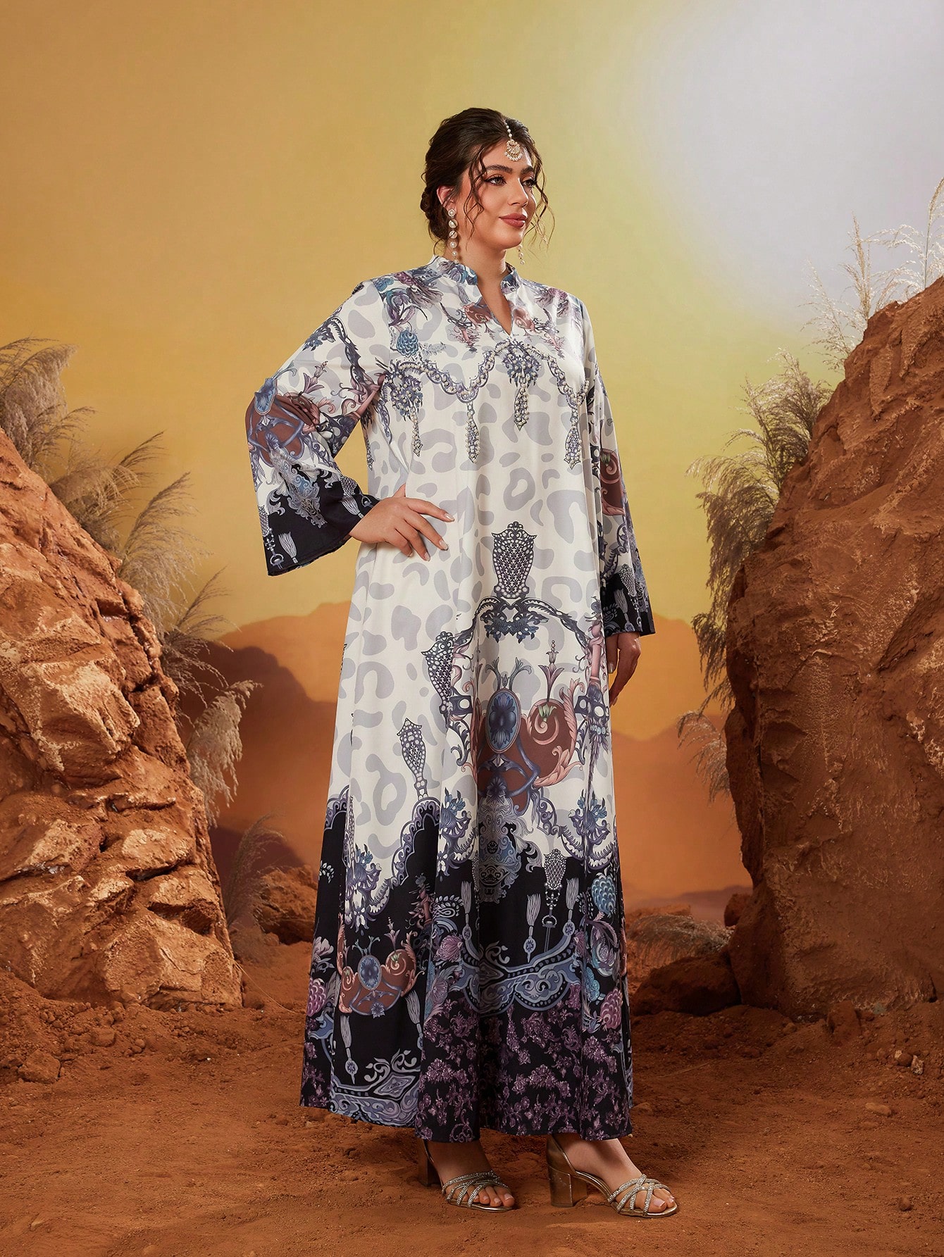 Leely Plus Size Women's Middle Eastern Muslim Abaya Notch V Neck Long Sleeve Printed Maxi Dress