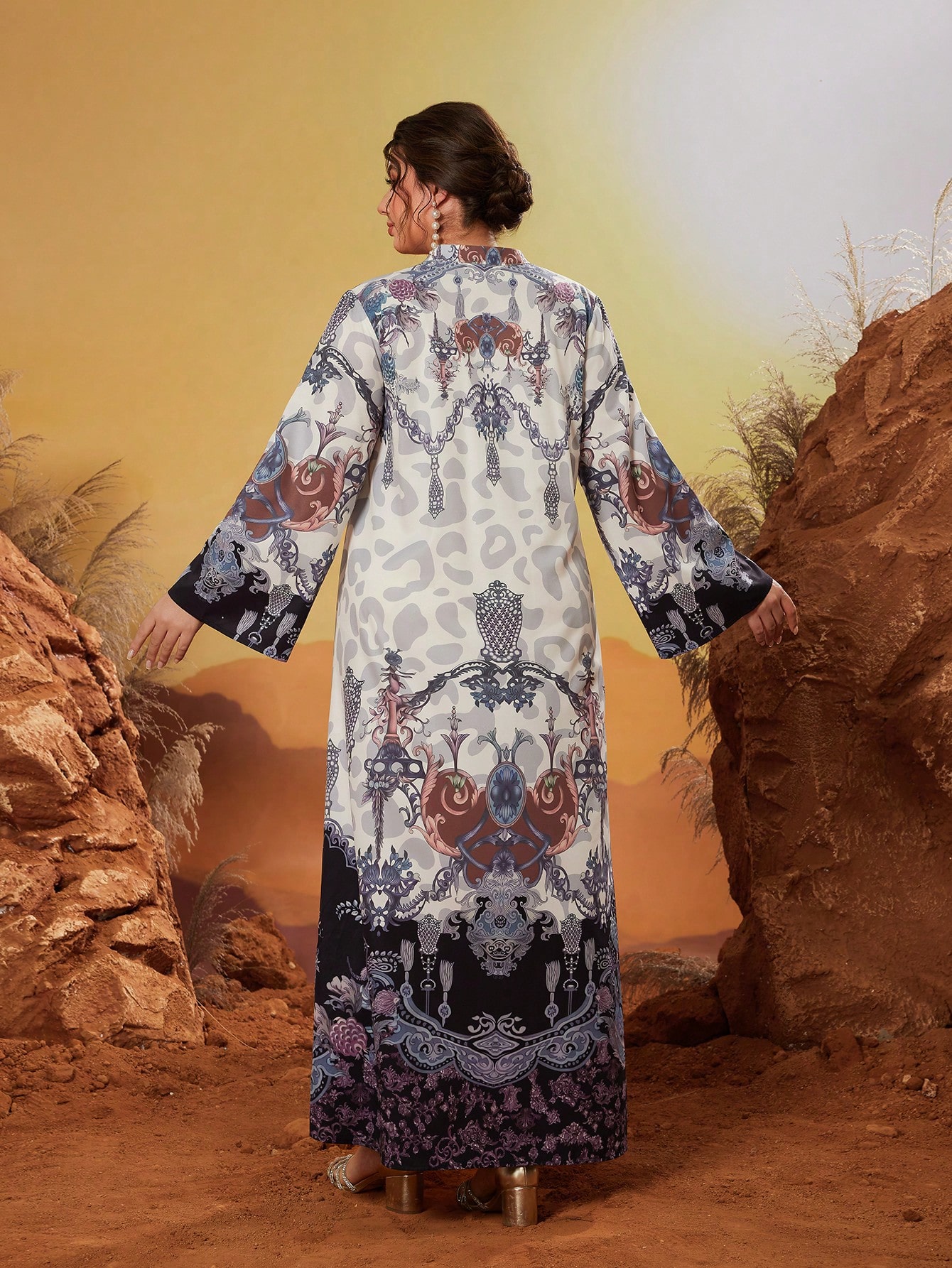 Leely Plus Size Women's Middle Eastern Muslim Abaya Notch V Neck Long Sleeve Printed Maxi Dress