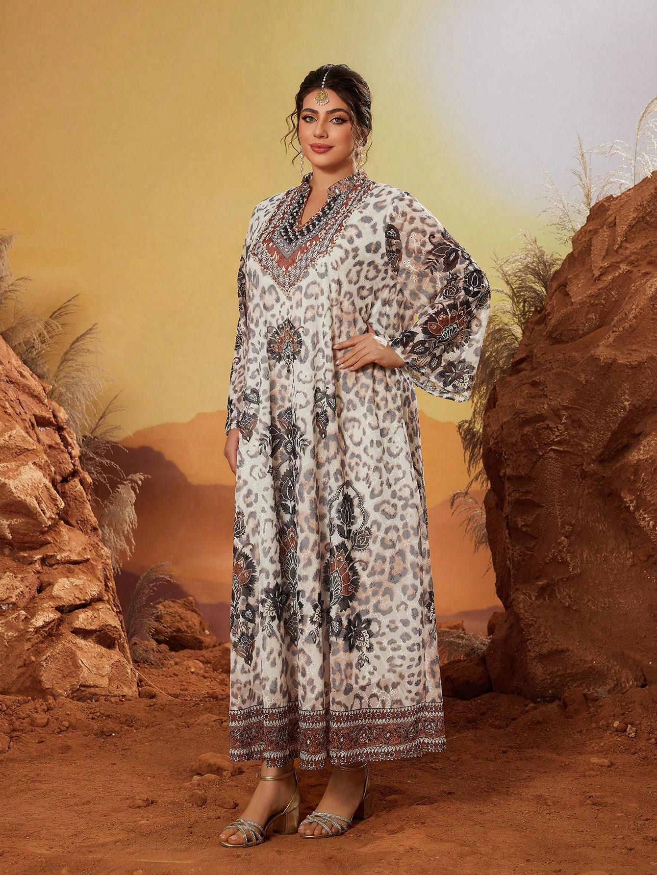 Leely Plus Size Women's Middle Eastern Muslim Abaya Notch V Neck Long Sleeve Printed Maxi Dress