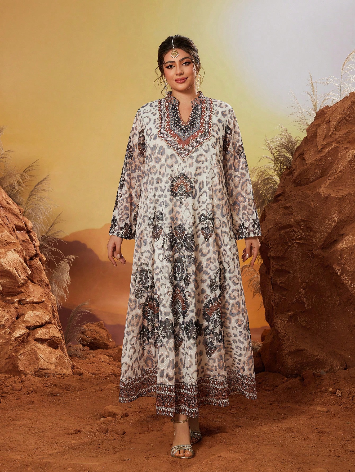 Leely Plus Size Women's Middle Eastern Muslim Abaya Notch V Neck Long Sleeve Printed Maxi Dress