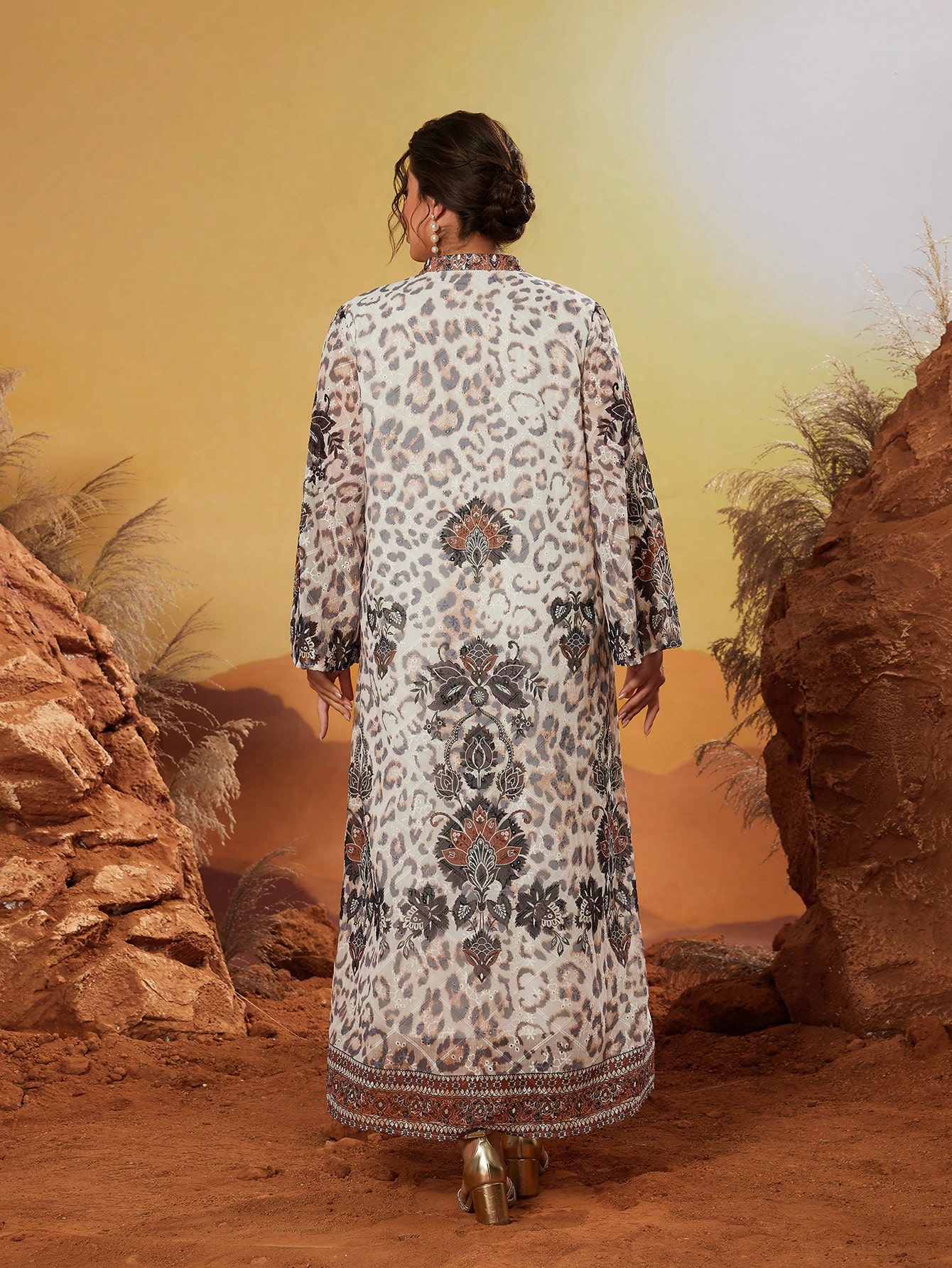 Leely Plus Size Women's Middle Eastern Muslim Abaya Notch V Neck Long Sleeve Printed Maxi Dress
