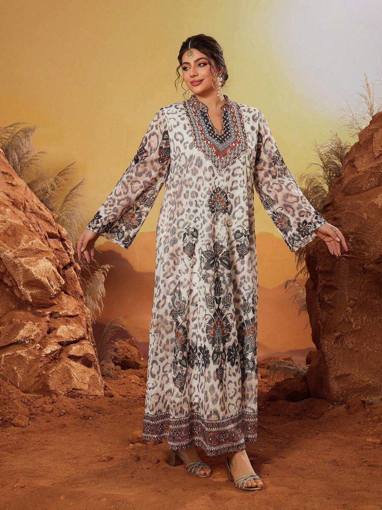 Leely Plus Size Women's Middle Eastern Muslim Abaya Notch V Neck Long Sleeve Printed Maxi Dress