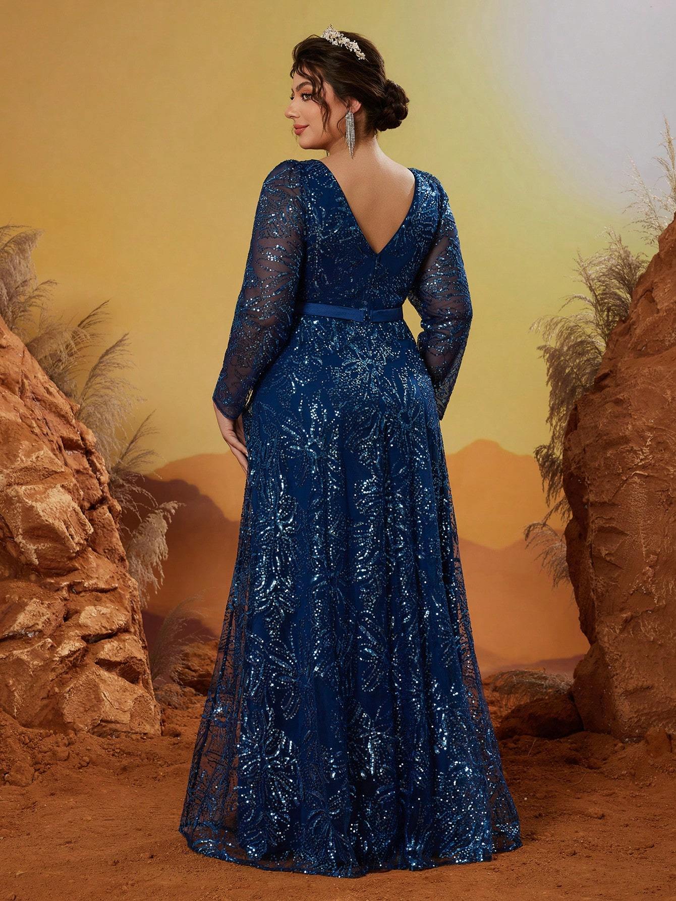 Leely Plus Women's Elegant V Neck Long Sleeve Graduation & Prom Dresses
