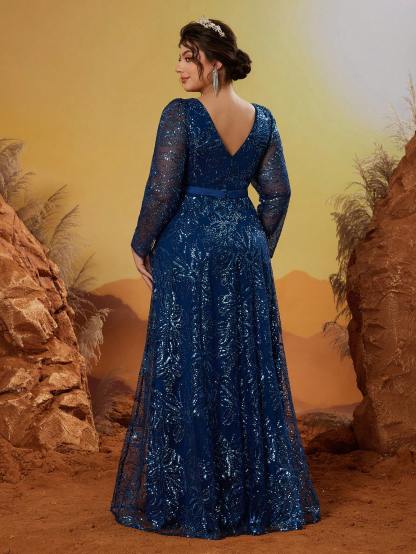 Leely Plus Women's Elegant V Neck Long Sleeve Graduation & Prom Dresses
