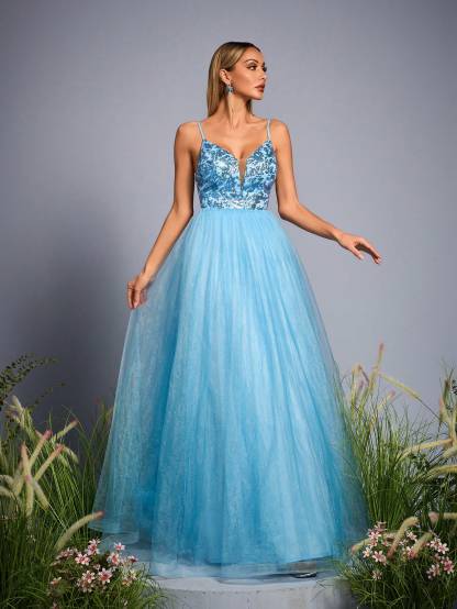Leely Elegant Spaghetti Straps Sleeveless Prom Dress