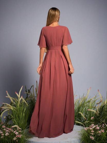 Leely Elegant V Neck Flare Sleeve Evening Gown