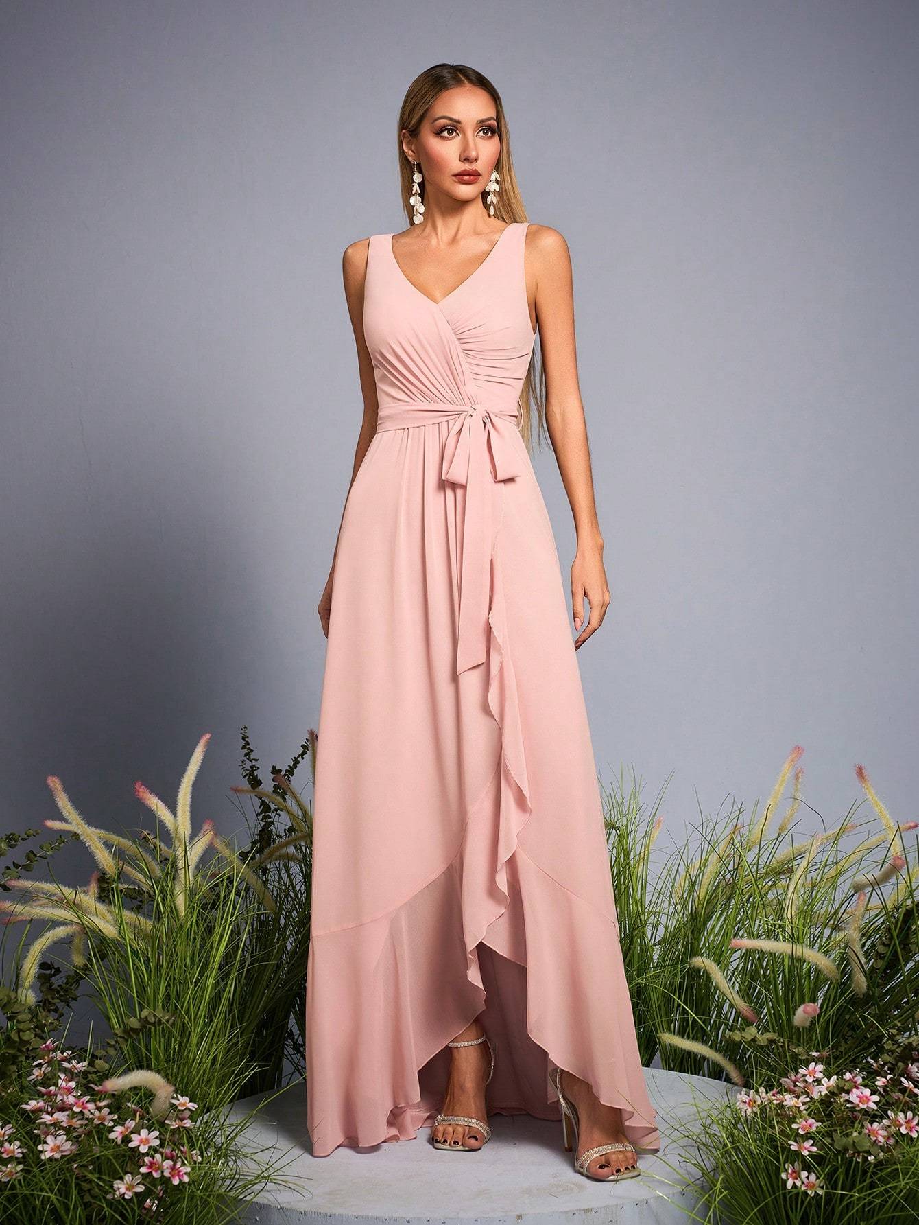 Leely Elegant V Neck Sleeveless High-Low Hem Evening Gown
