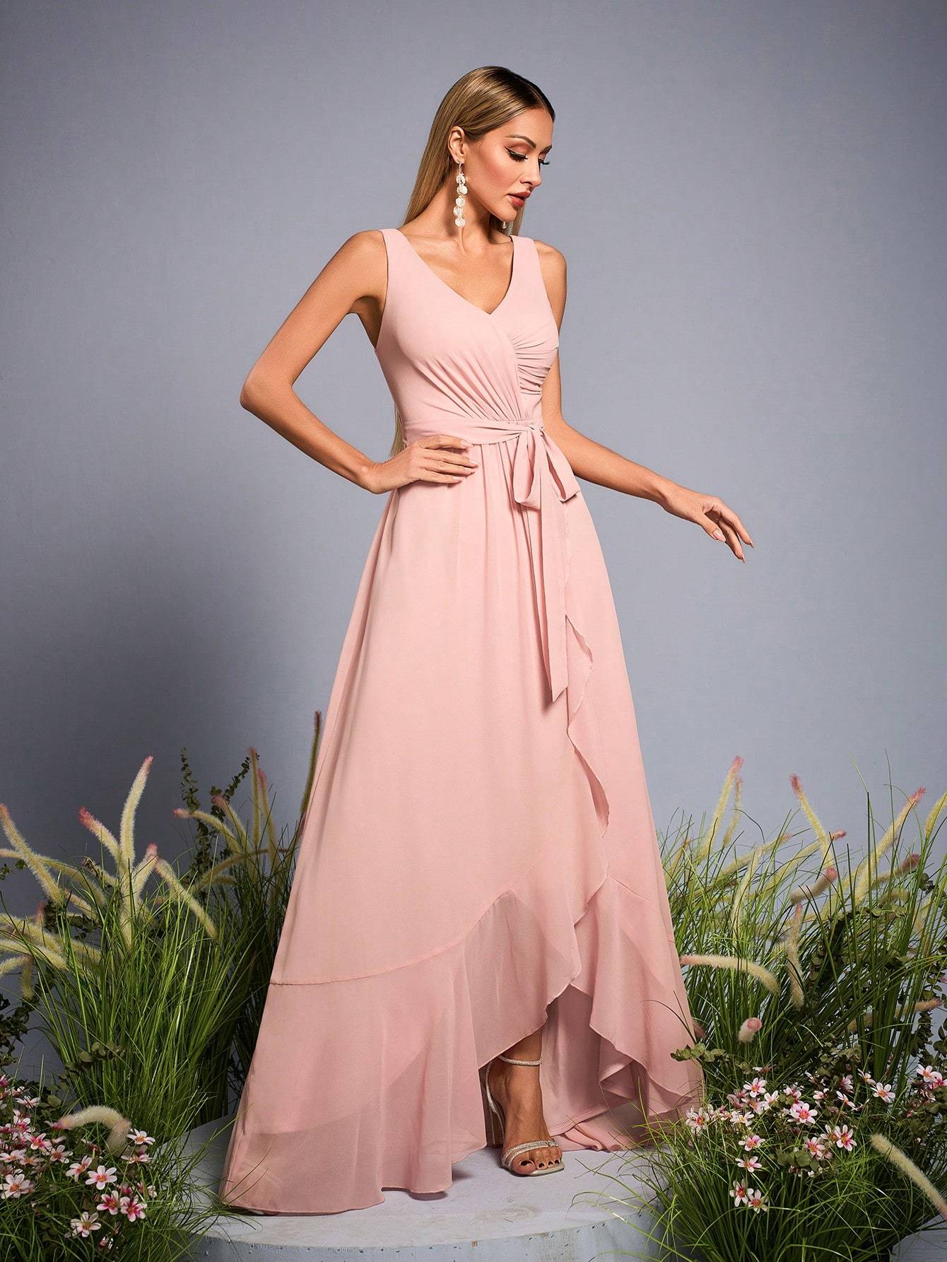 Leely Elegant V Neck Sleeveless High-Low Hem Evening Gown