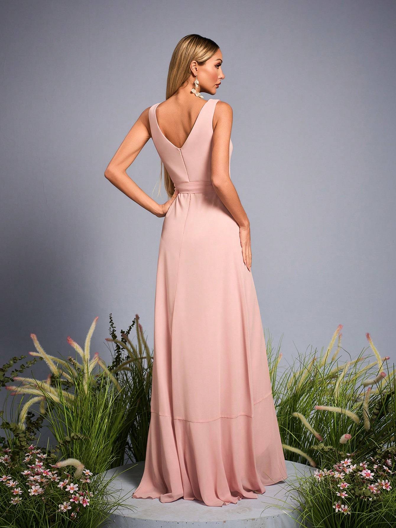 Leely Elegant V Neck Sleeveless High-Low Hem Evening Gown