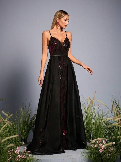 Leely Elegant Spaghetti Straps Sleeveless Sequin Evening Gown