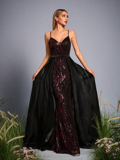 Leely Elegant Spaghetti Straps Sleeveless Sequin Evening Gown