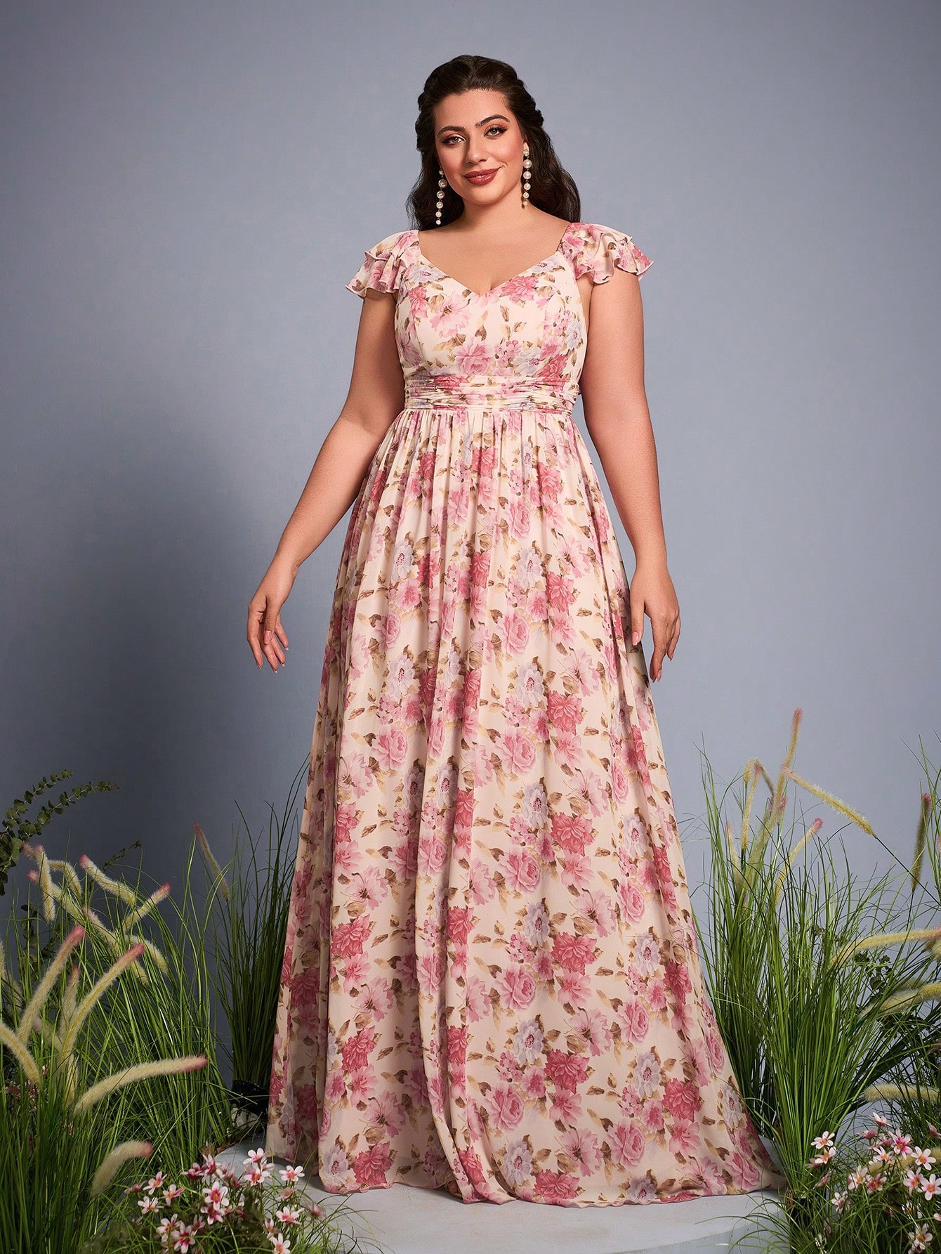 Leely Plus Women's Elegant V Neck Flounce Sleeve Party Dresses