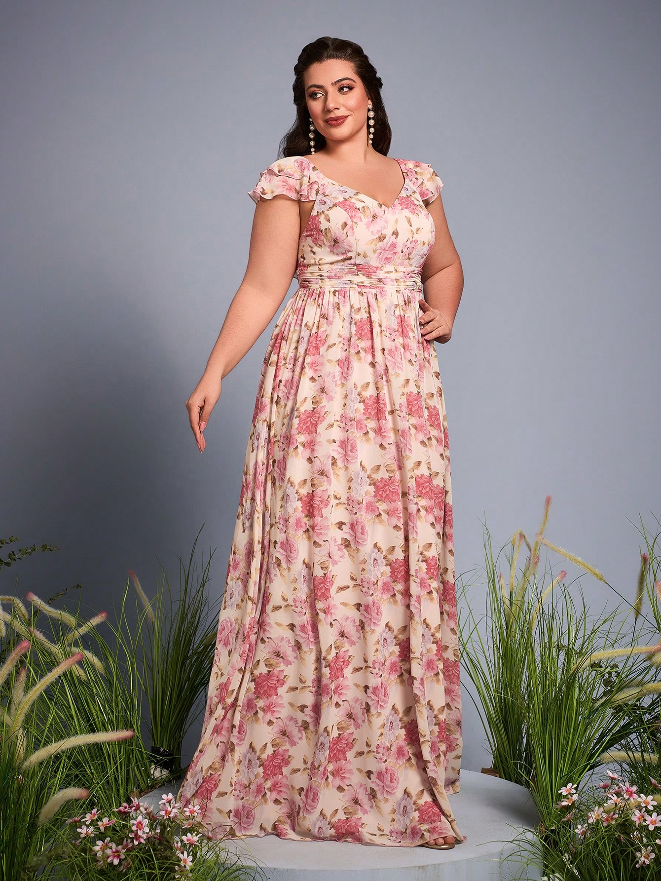 Leely Plus Women's Elegant V Neck Flounce Sleeve Party Dresses