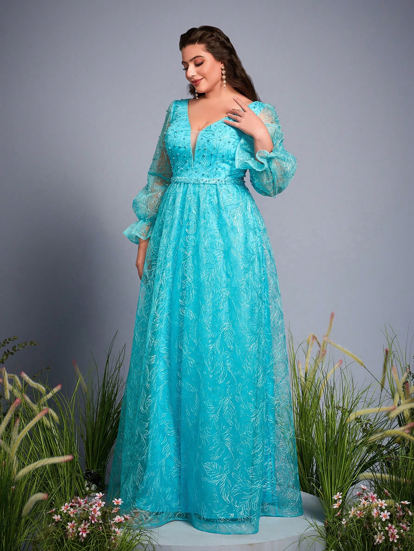 Leely Plus Women's V Neck Long Sleeve A‑Line Party Dress