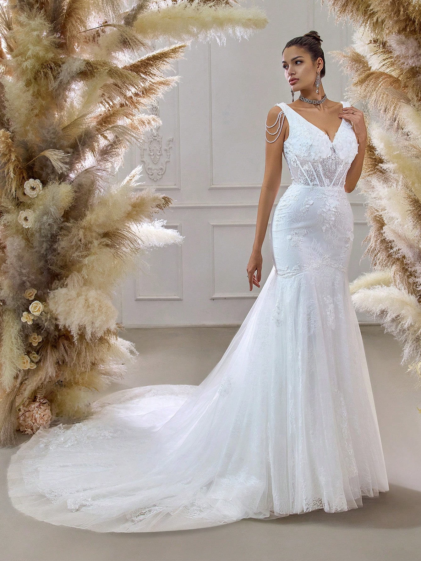 Modecrush Romantic Mermaid Wedding Dress - Lace V-Neck Bridal Gown with Sweep Train for Elegant Ceremonies