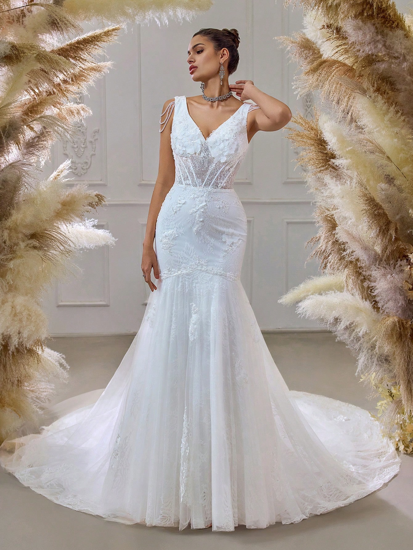 Modecrush Romantic Mermaid Wedding Dress - Lace V-Neck Bridal Gown with Sweep Train for Elegant Ceremonies