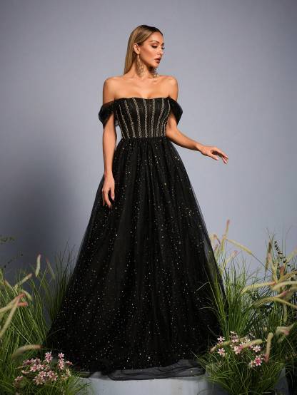 Leely Elegant Off The Shoulder Sleeveless Evening Gown