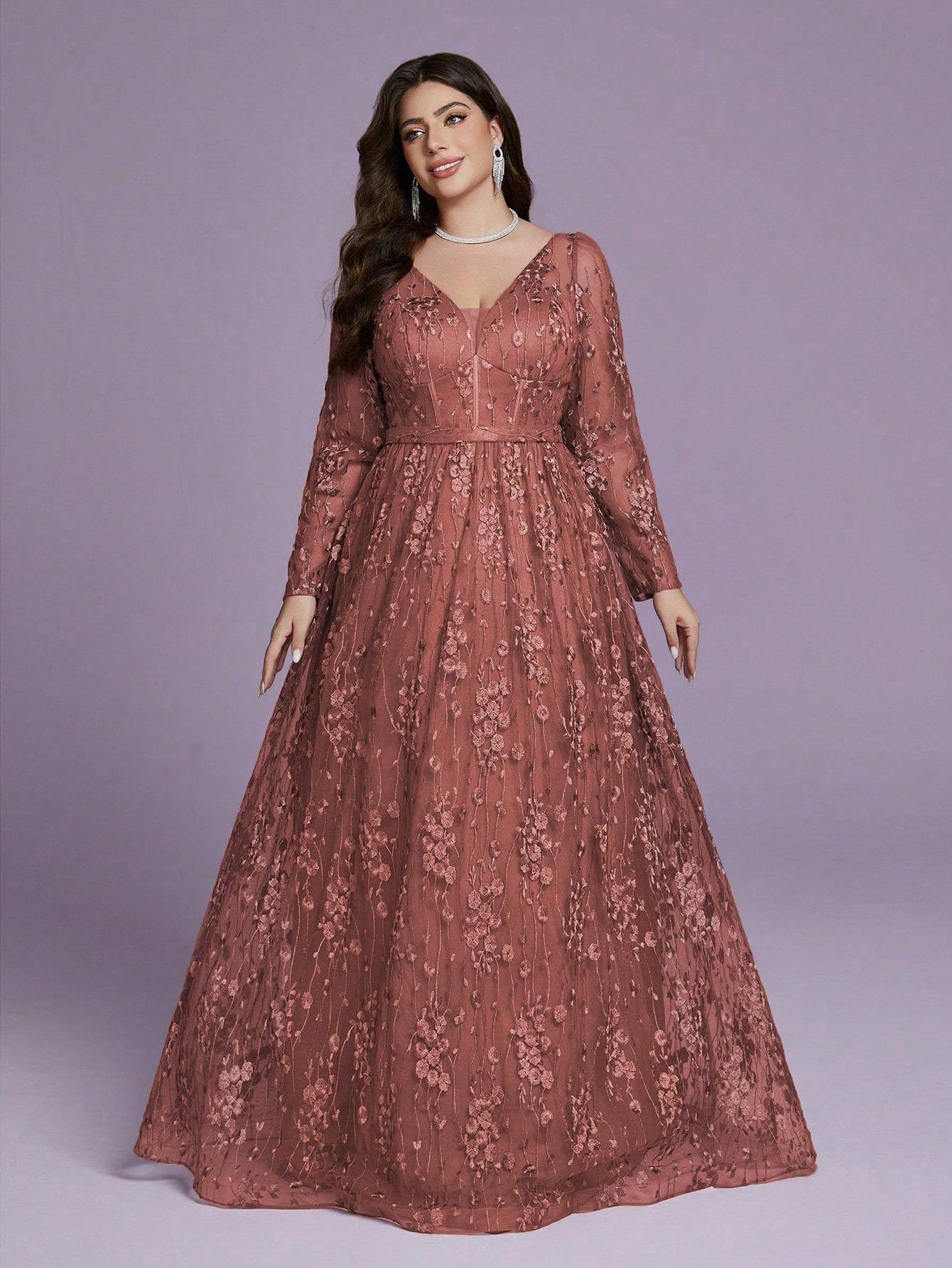 Leely Plus Women's V Neck Long Sleeve A‑Line Party Dress
