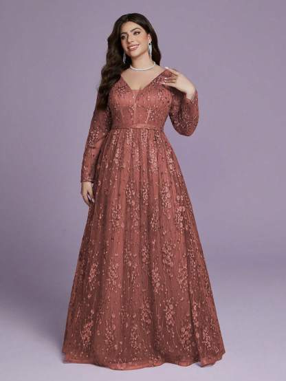 Leely Plus Women's V Neck Long Sleeve A‑Line Party Dress