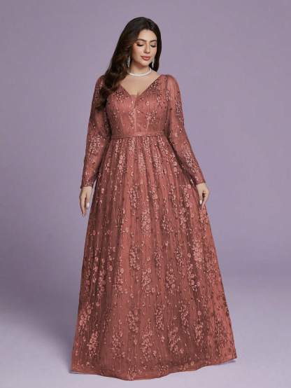 Leely Plus Women's V Neck Long Sleeve A‑Line Party Dress