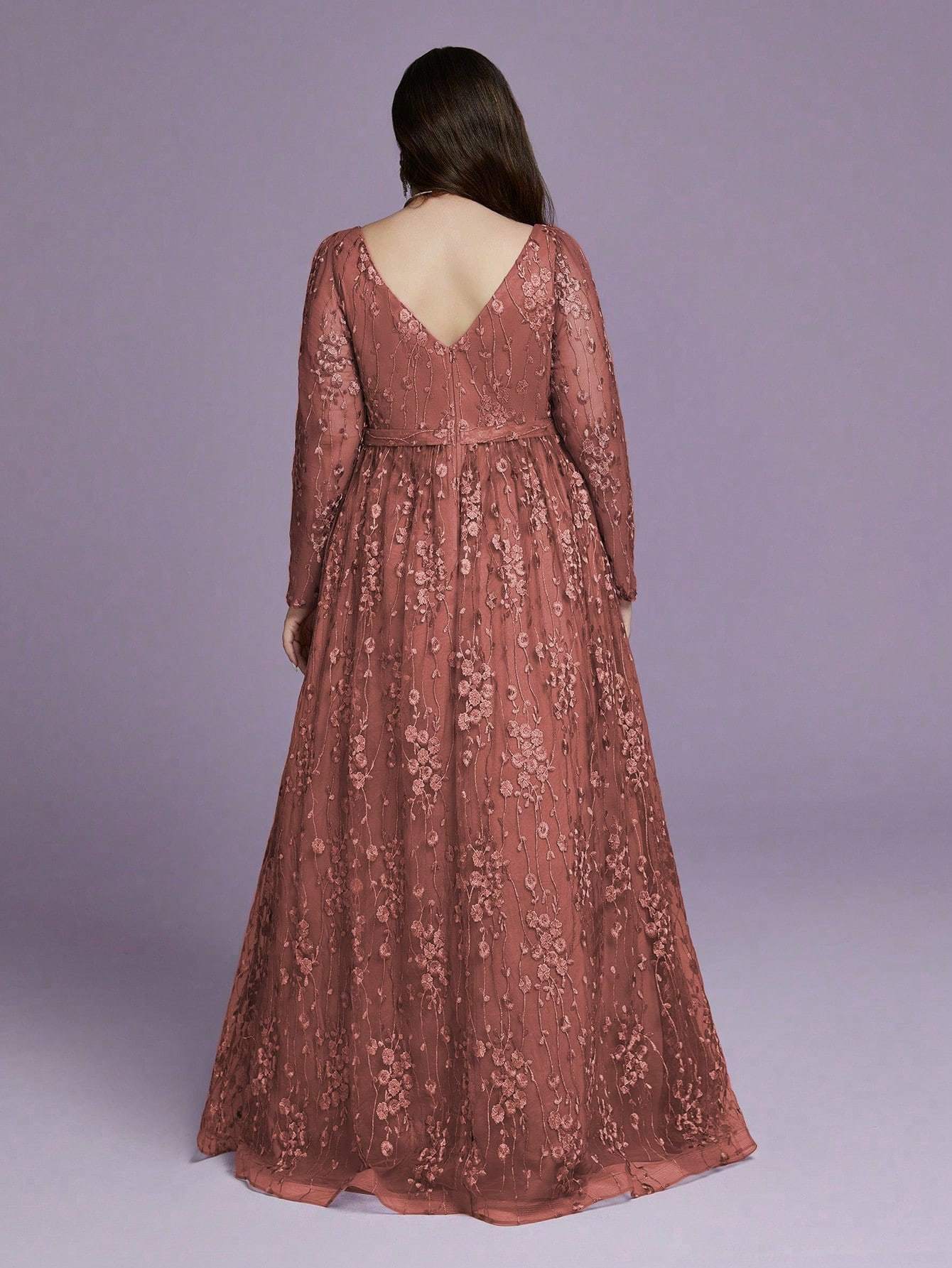 Leely Plus Women's V Neck Long Sleeve A‑Line Party Dress
