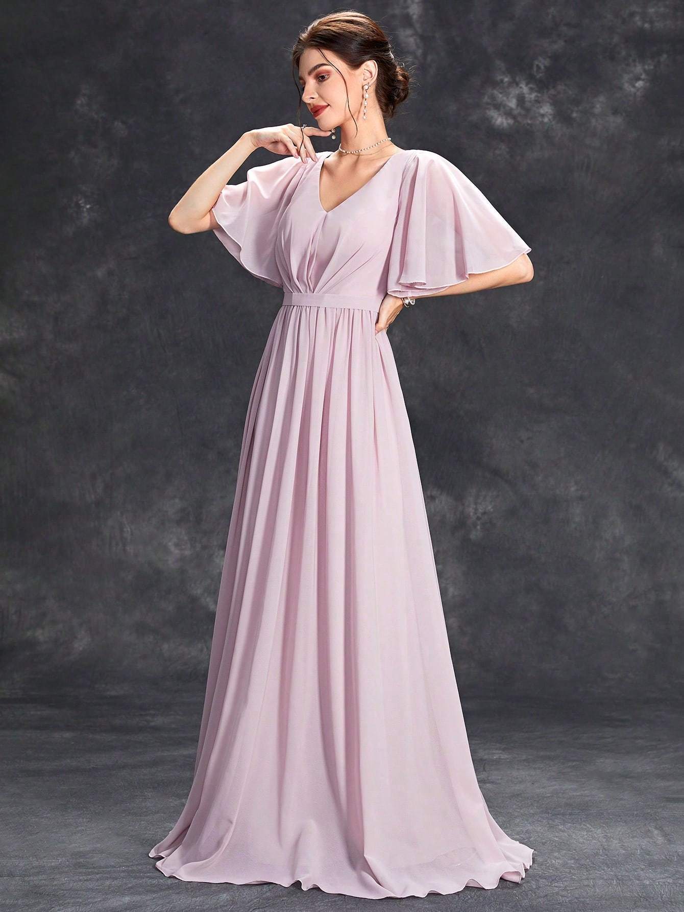 Leely Elegant V Neck Flare Sleeve Evening Gown
