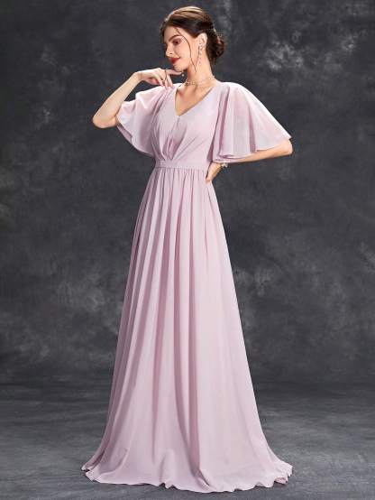 Leely Elegant V Neck Flare Sleeve Evening Gown