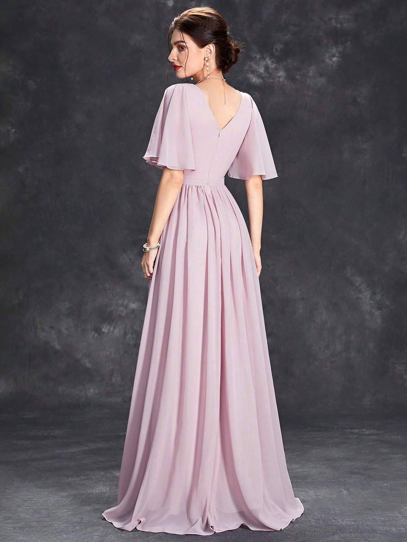 Leely Elegant V Neck Flare Sleeve Evening Gown