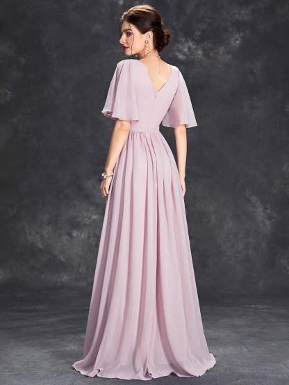 Leely Elegant V Neck Flare Sleeve Evening Gown