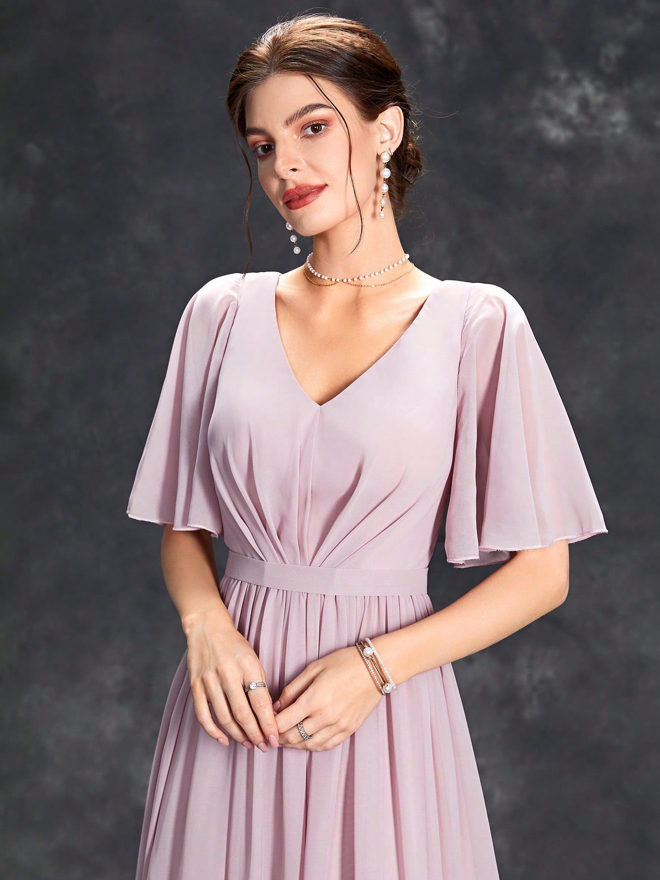 Leely Elegant V Neck Flare Sleeve Evening Gown