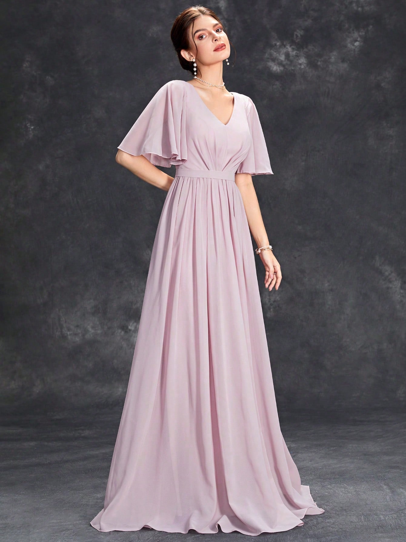 Leely Elegant V Neck Flare Sleeve Evening Gown