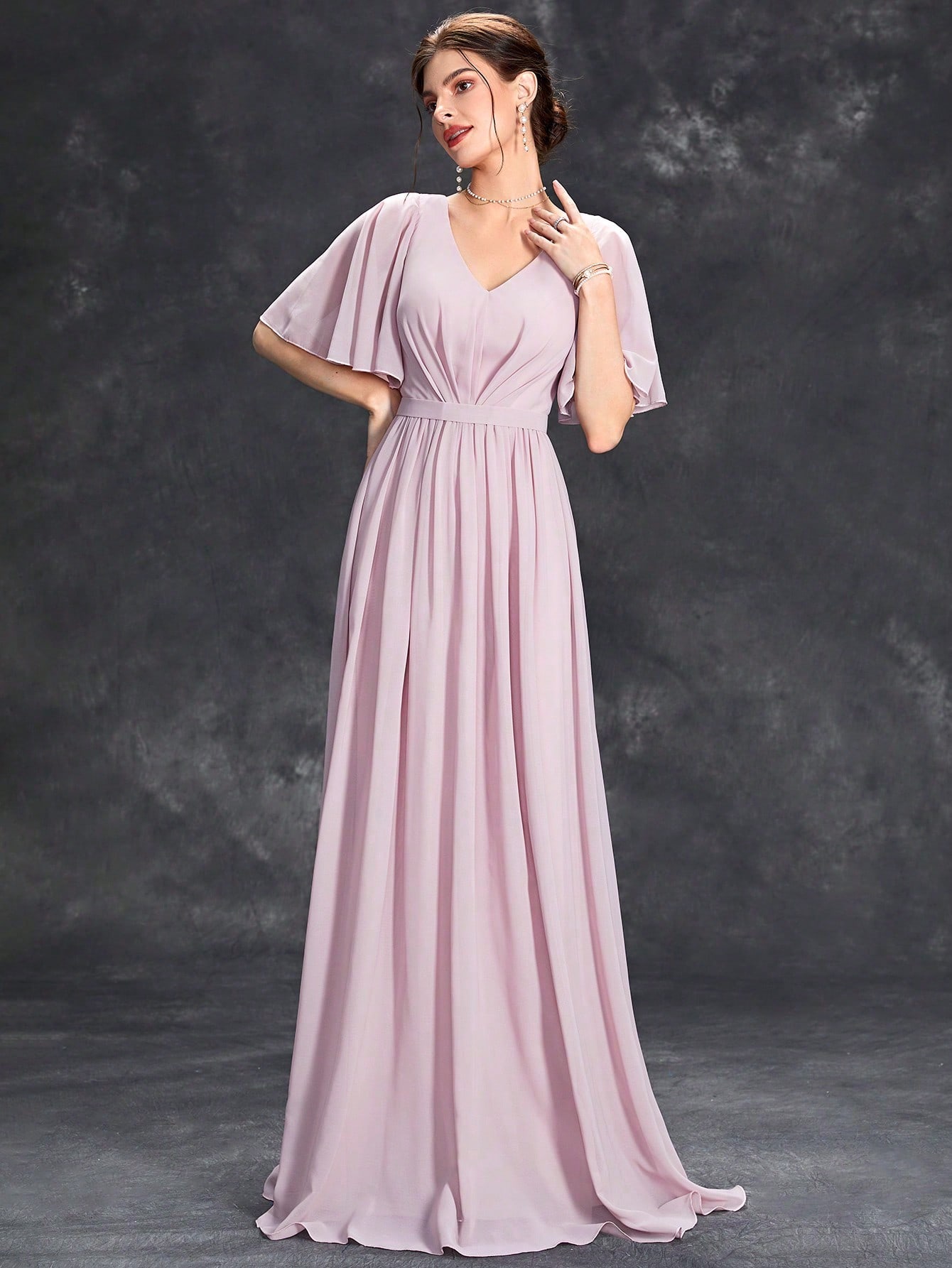 Leely Elegant V Neck Flare Sleeve Evening Gown