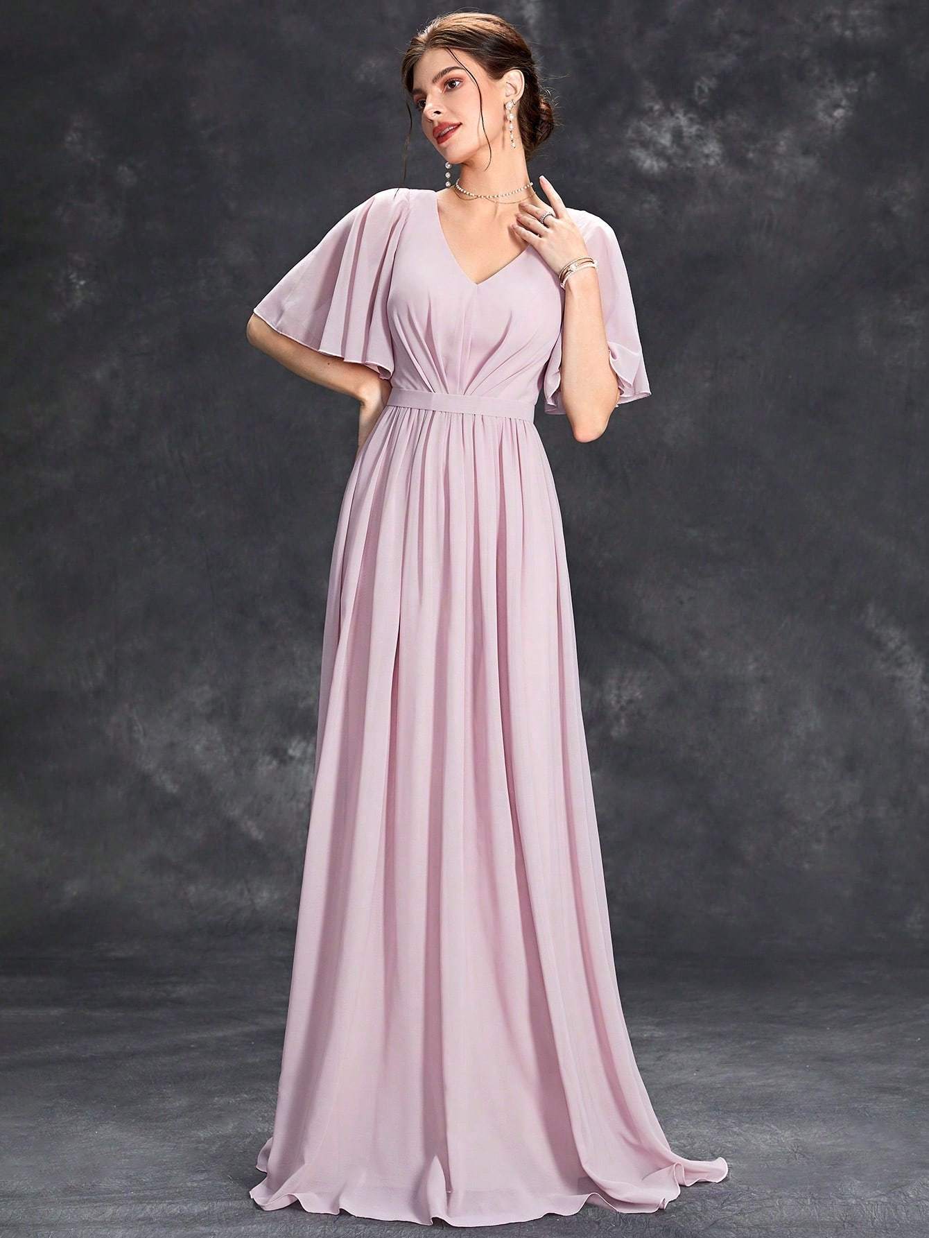 Leely Elegant V Neck Flare Sleeve Evening Gown
